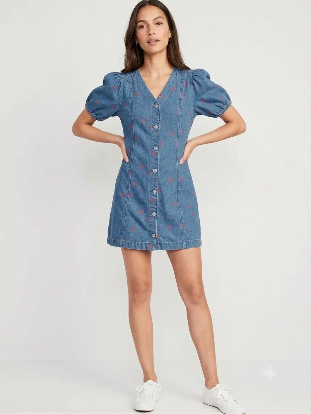 Old Navy Denim Heart Mini Dress Puff Sleeve Button Front Cottagecore Coquette L